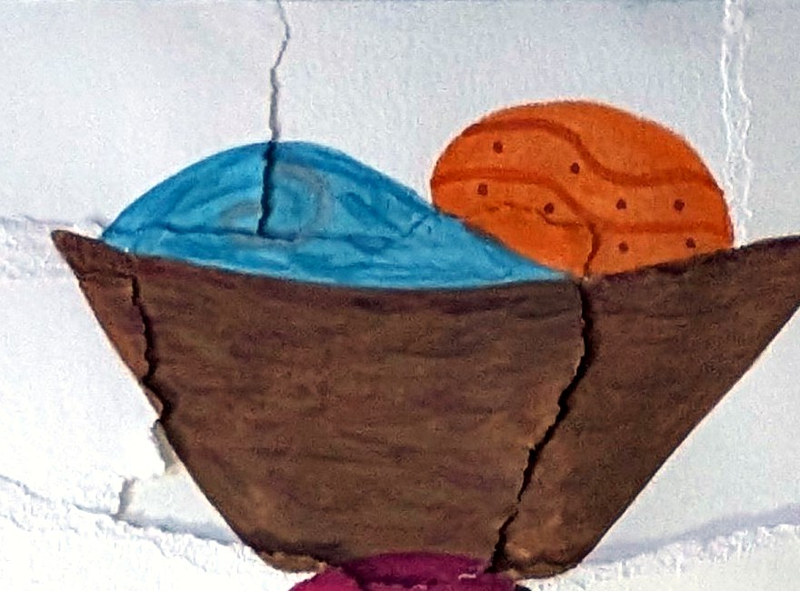 Detail of the painting: a woven basket holding produce, balanced on the woman's head.