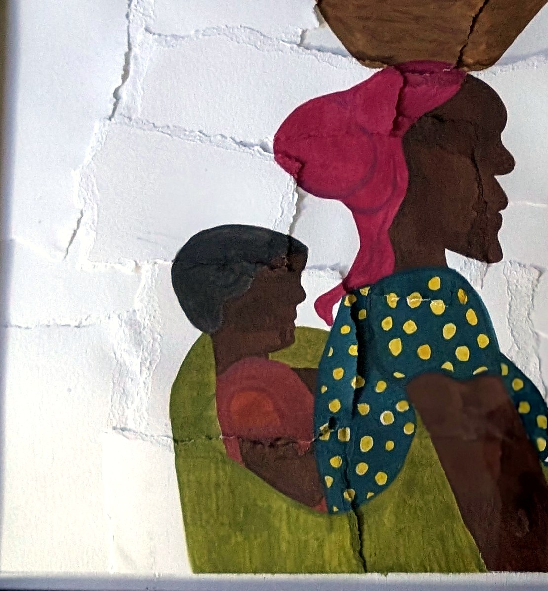 Detail of the painting: the woman in profile with a child held close, looking up at her.